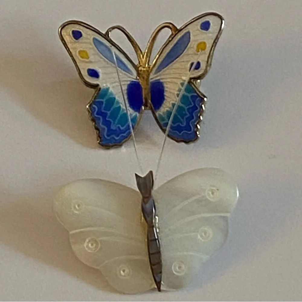Vintage Set of 2 Butterfly Brooch Gold Metal & Enameled Mother-Of-Pearl